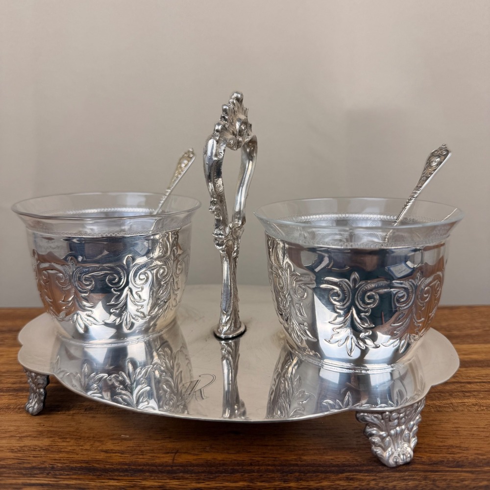 HT MFG Co Silver Plated Double Condiment Etched Glass Bowls Spoons Footed Tray